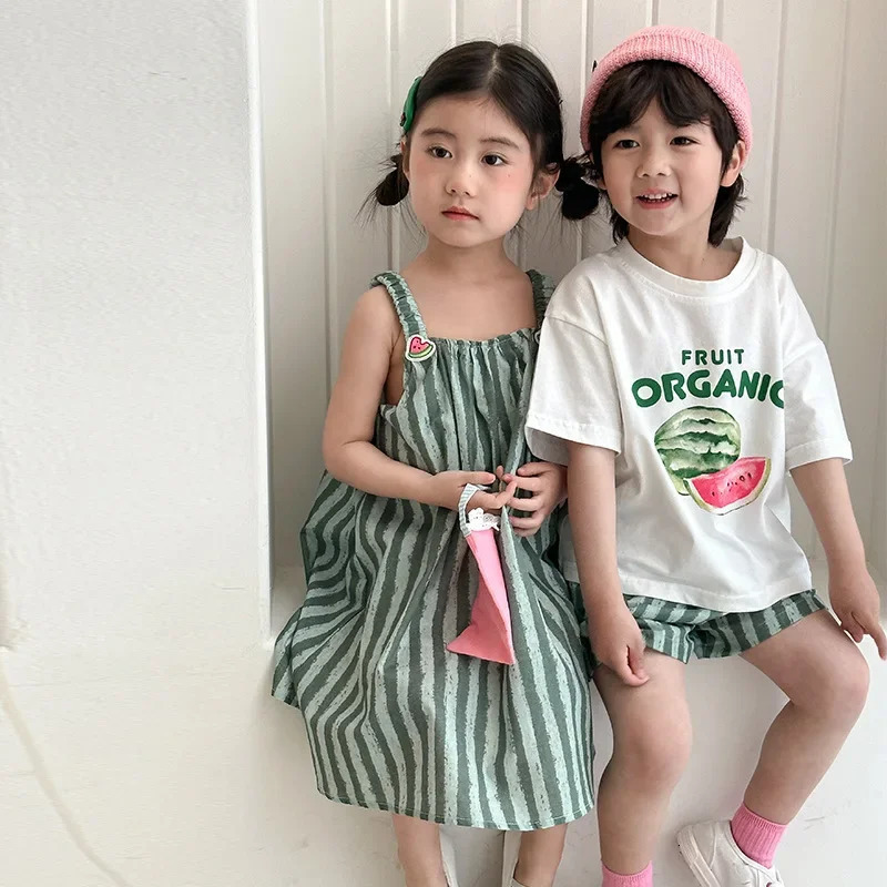 Childrens Summer Clothes Set Boys Pure Cotton Striped Tee and Shorts 2pcs Suit Cute Girls Suspenders Dress Siblings Outfit 250729