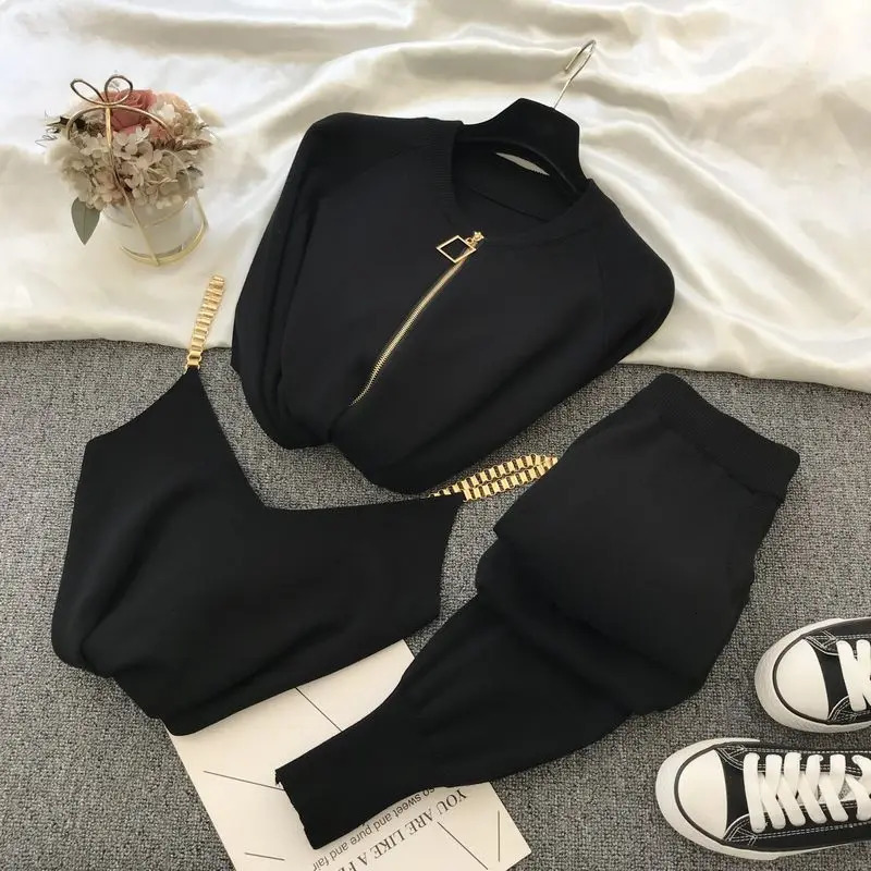 Fashion Women Sets Autumn Winter Knitted Vest Zipper Cardigans Pants 3pcs Tracksuits Outfits womens clothing 250730