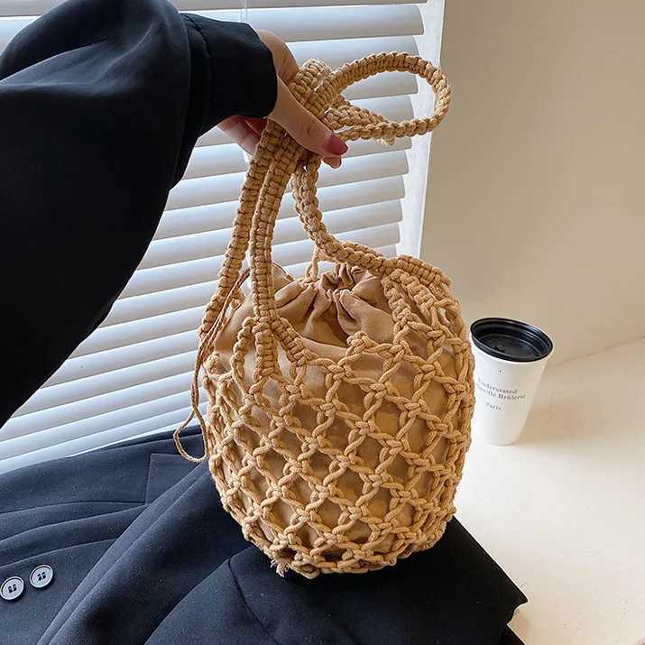Summer Beach Bag For Women Mesh Rope Knitted Bucket Shoulder Bags Reticulate Hollow Travel Shopper Totes Ladies Fashion Handbag Y250729