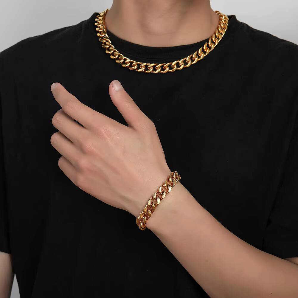 NUOYA Hip Hop High Polish Stainless Steel Chain 18K Gold Plated Cuban Link Chain Necklace Men Jewelry Cuban Link