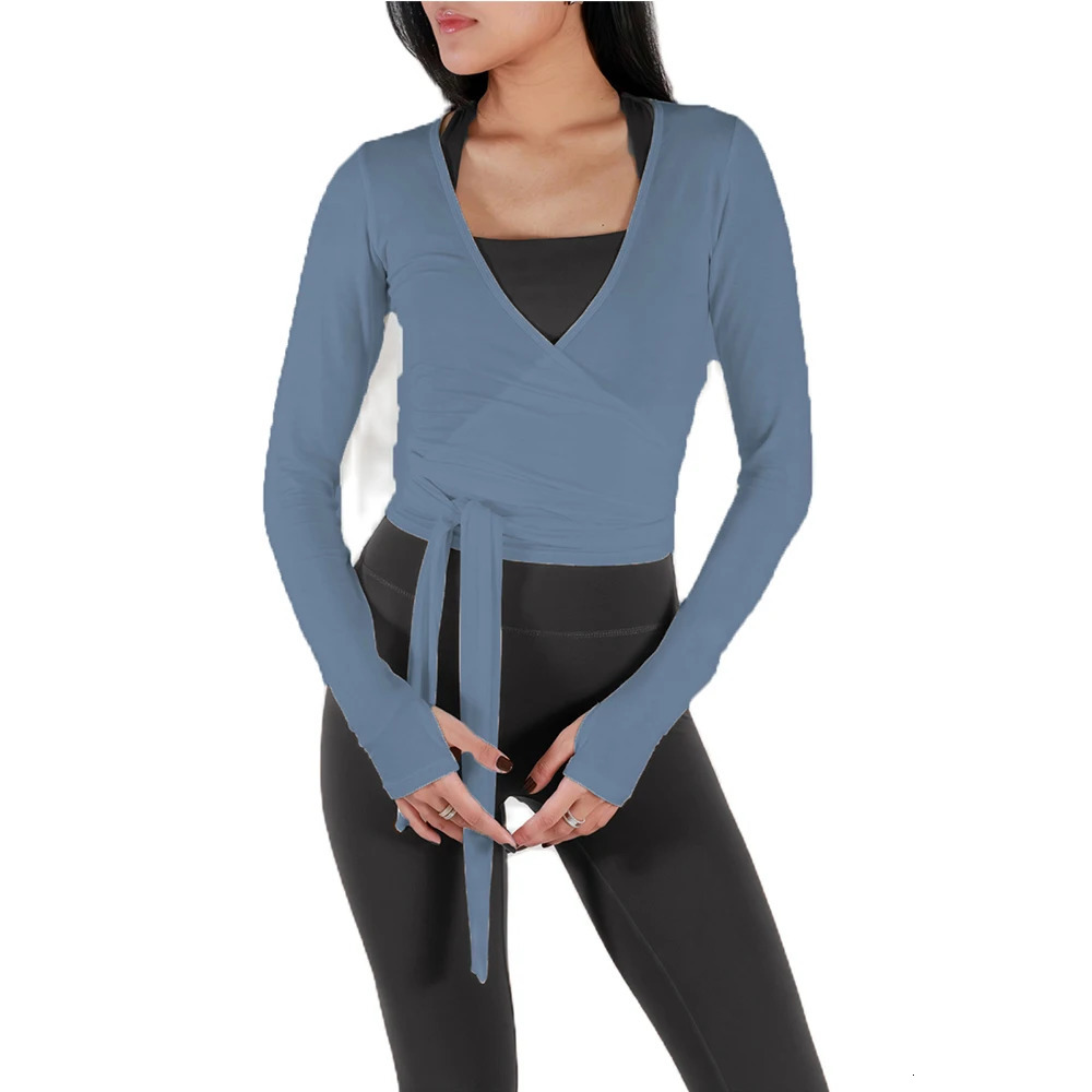 Women Sexy Wrap Crop Tops Tees Long Sleeve Deep V Neck Tie Workout Ballet Pilates Yoga TShirts with Thumb Holes Cropped Tops 250729
