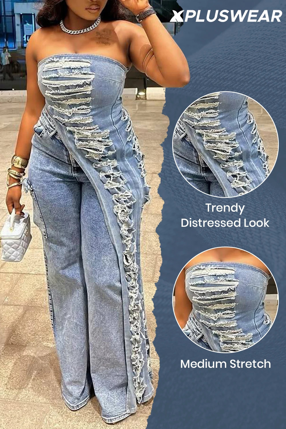 Plus Size Party Blue Asymmetric Hem Distressed Denim Two Piece Pant Sets 250730