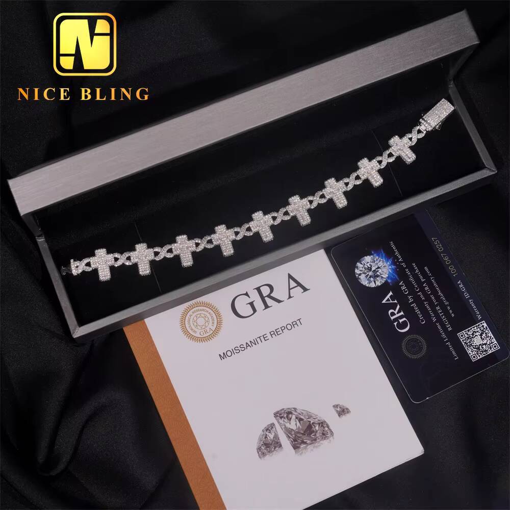 Hot Selling Pass Diamond Tester 925 Sterling Silver Moissanite Cross Cuban Link Chain Mens Cuban Bracelet