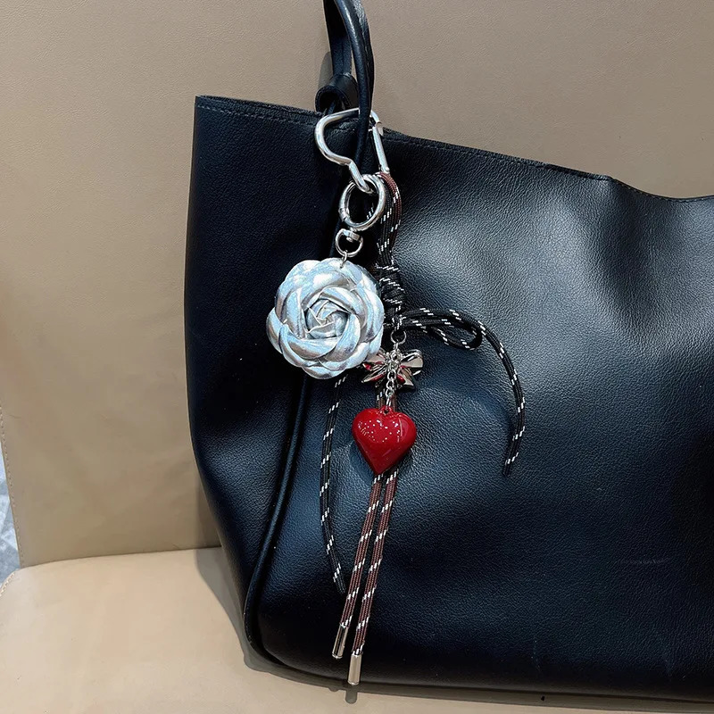Trendy style camellia flower Backpack pendant Hand woven rope Hangings love heartKey Chain 250729