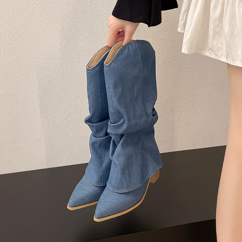 Pointed Denim Single Boots Womens Four Seasons Sleeve Non-Slip Wear-Resistant Square Heel Mid-Cone Boots 250729