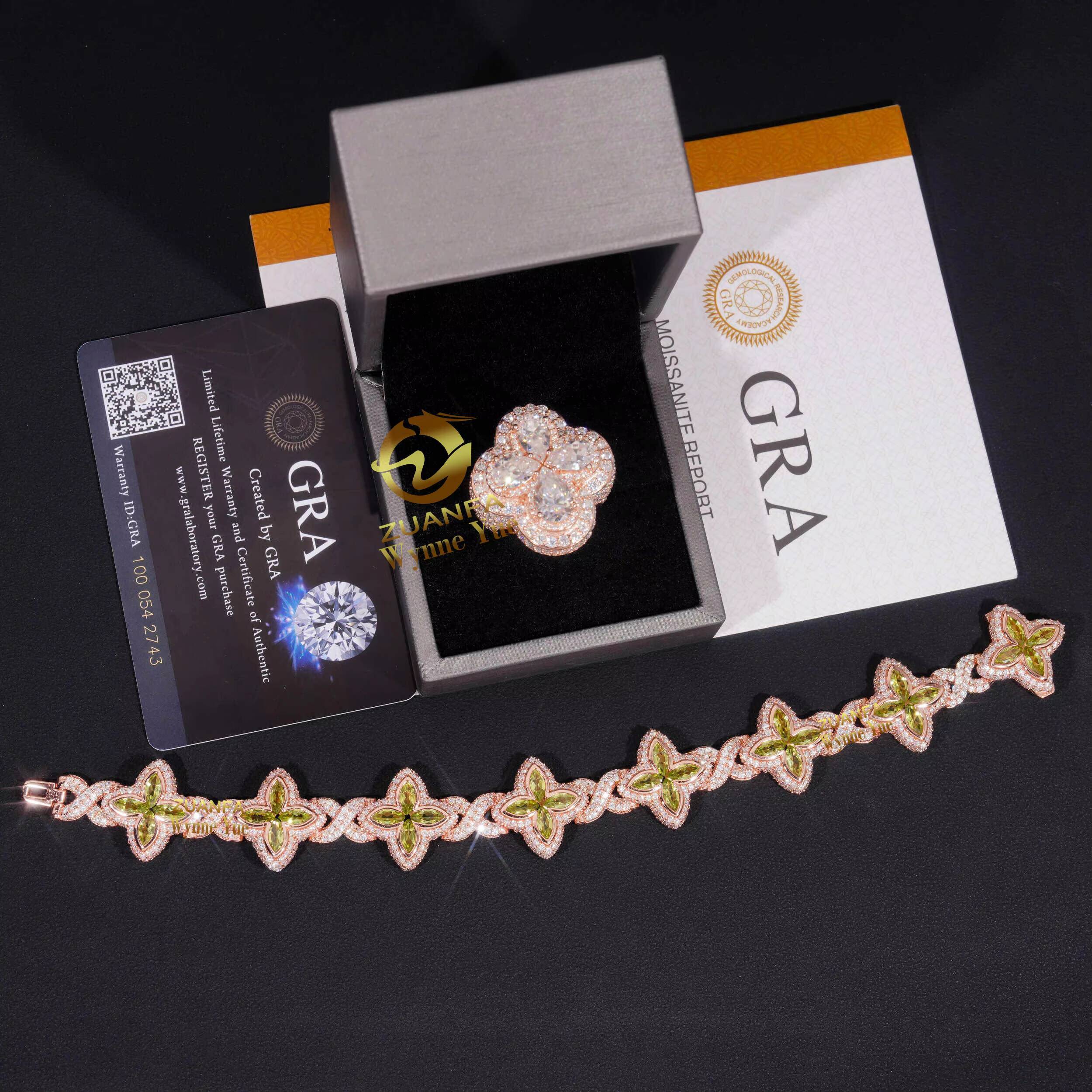 Hot Selling 925 Sterling Silver Marquise Flower Design Hip Hop Jewelry Iced Out Moissanite Infinity Clover Ring Bracelet Men