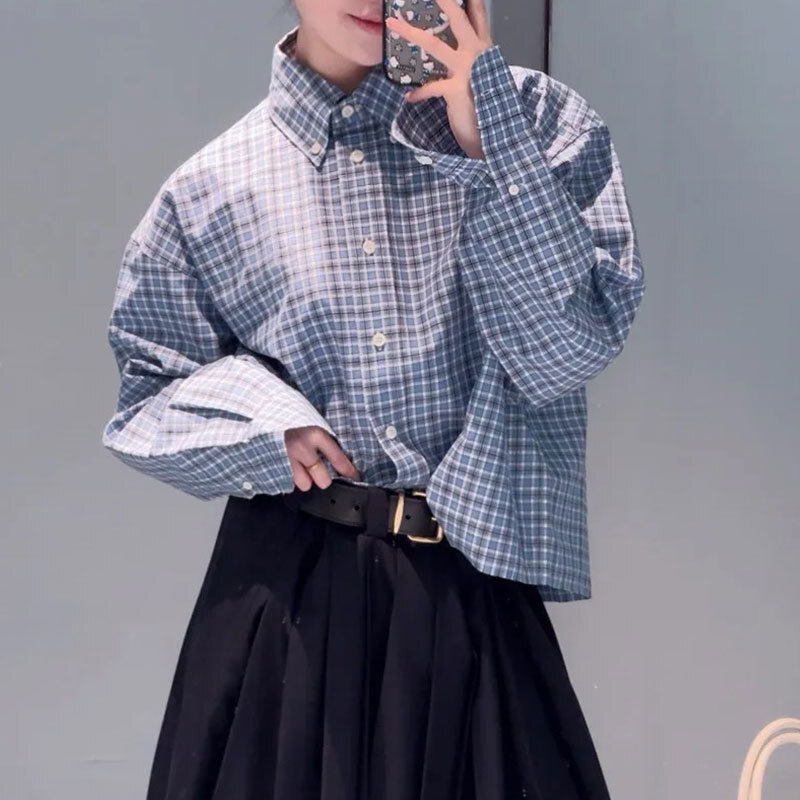 Lady Blue Plaid Cotton Shirt Fashion Single Breasted Lapel Neck Short Loose Blouses Luxury Designer Clothes S0772
