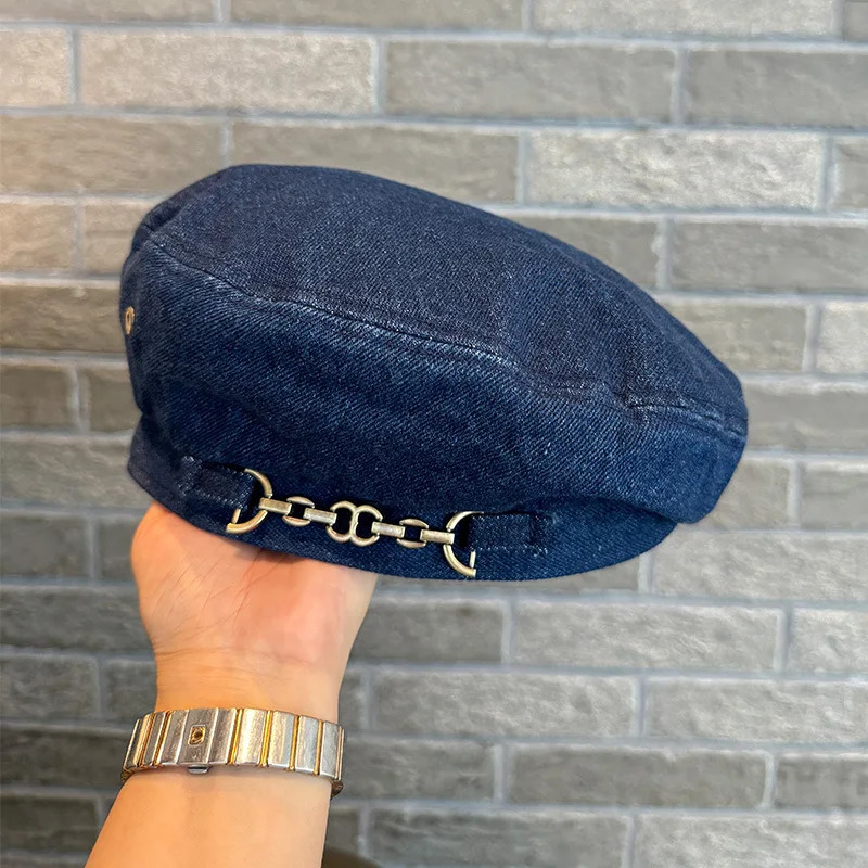 Denim French Style Hat Chain Beret Childrens Outdoor Pumpkin Hat Versatile Hat Big Head Circumference Painter Hat 250729