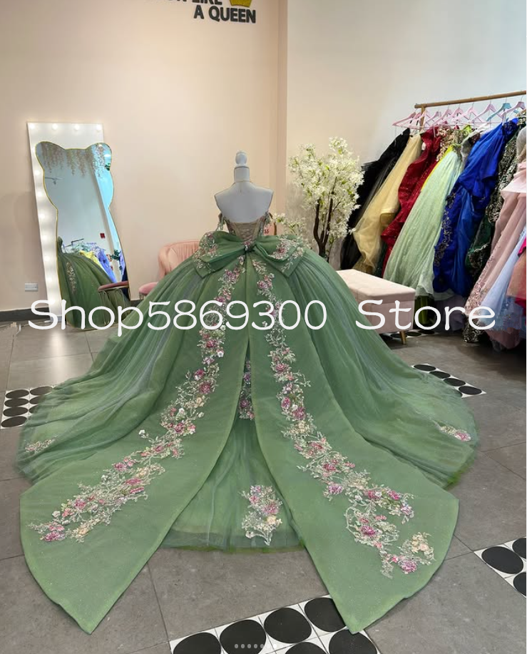 Mint Green Princess Quinceanera Dresses Sparkly Sweeetheart Gillter Floral Lace-up Corset vestidos de 15 quinceaneras customsize