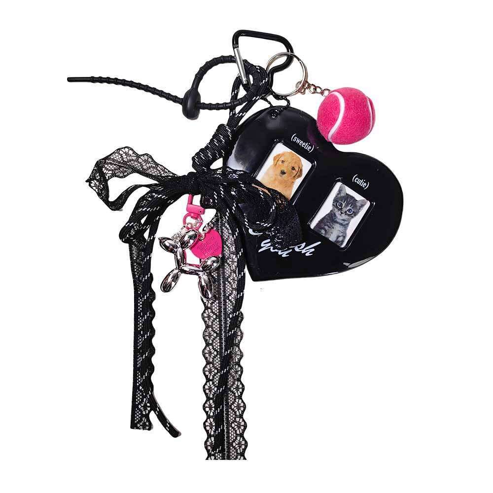 INS Black Heart Card Holder Silver Balloon Dog Keychain Lace Braided Rope Girl Bag Pendant