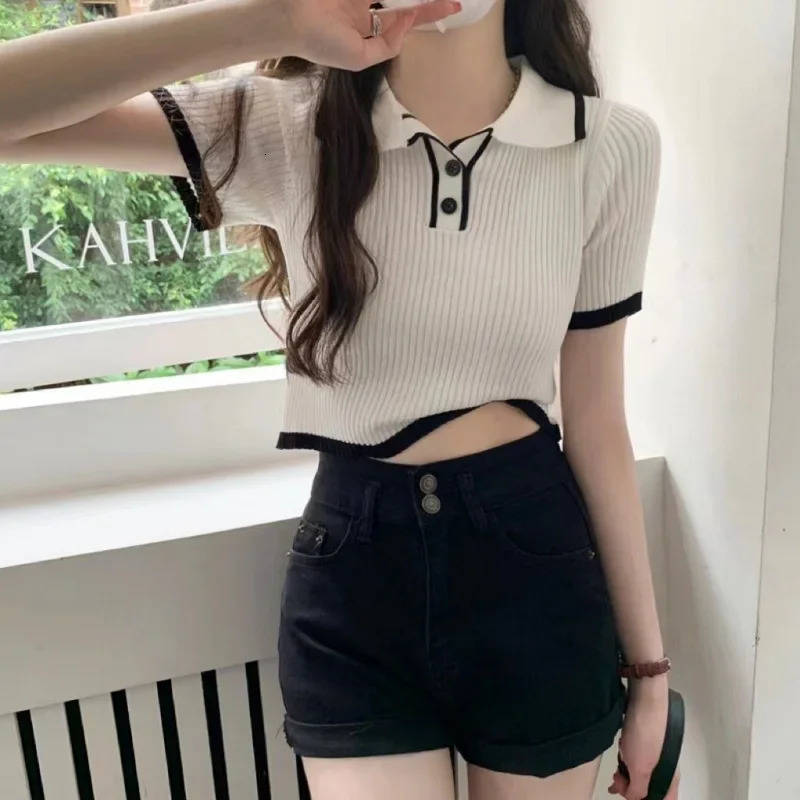 Contrast Color Polo Collar Shoulder Knitted Short Sleeves Tshirt Womens Summer SlimFitting n Sense Niche Short Tops 250724