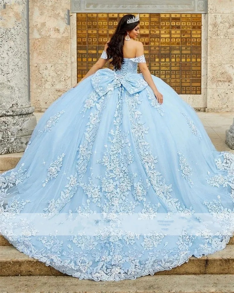 Sky Blue Ball Gown Quinceanera Dresses 2025 Off Shoulder Beaded Appliques Sweet 16 Dress Vestidos De 15 anos