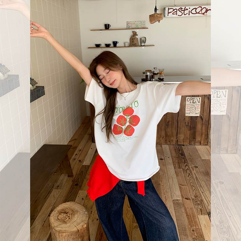2025 Korean style white tomato short sleeved women's T-shirt summer new design sense niche casual top new designer T-shirt