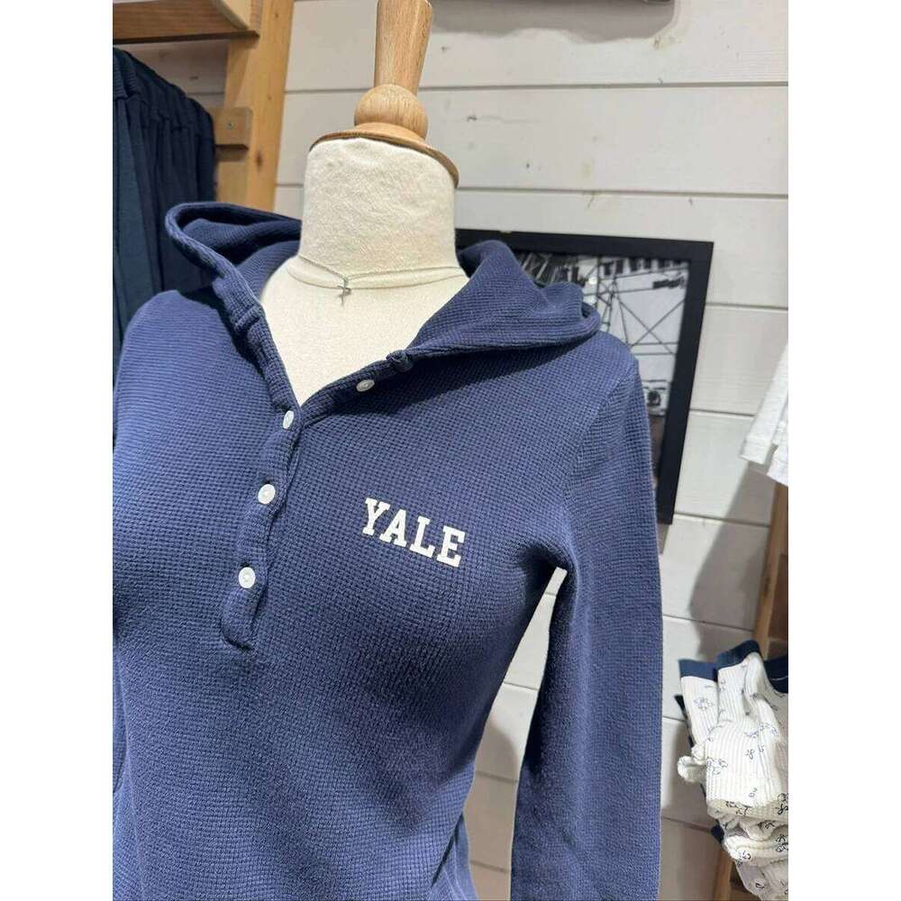 Letter Print Waffle Hooded T-shirt Women Spring New Buttons Long Sleeve Slim Tee Shirts Vintage Chic Preppy Style Tops Y2k