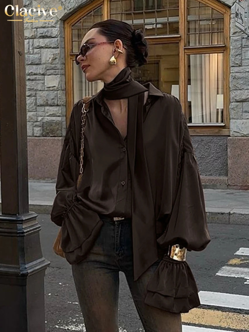 Clacive Fashion Loose Brown Satin Womens Shirt 2025 Elegant Lapel Long Sleeve Shirts Casual Classic Blusas Top Female Clothing 250724