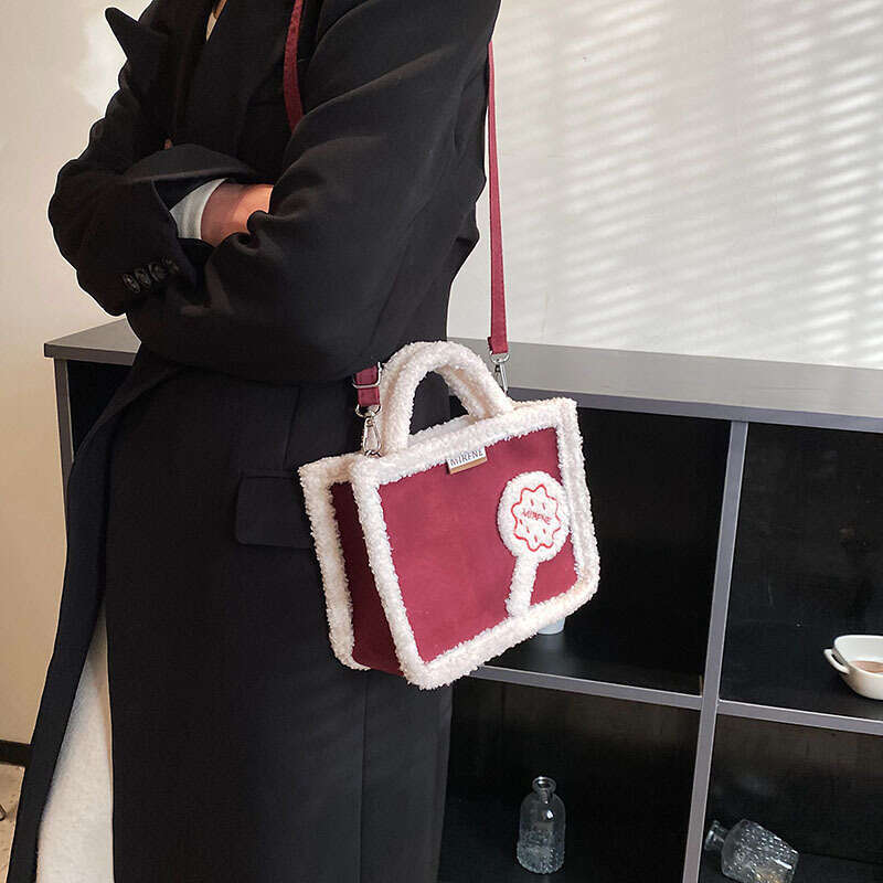 2022 Winter New Korean and Japanese Style Plush Women's Solid Color Color-Block Design Single Shoulder Crossbody Bag