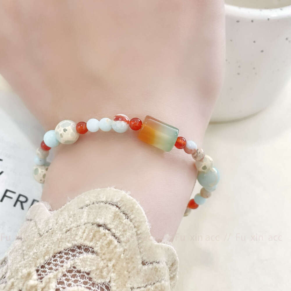 New Chinese Style Guofeng Shoushan Stone Red Green Tourmaline Agate Bracelet for Women, Light Niche Exquisite High-end Feel Jewelry 6d5