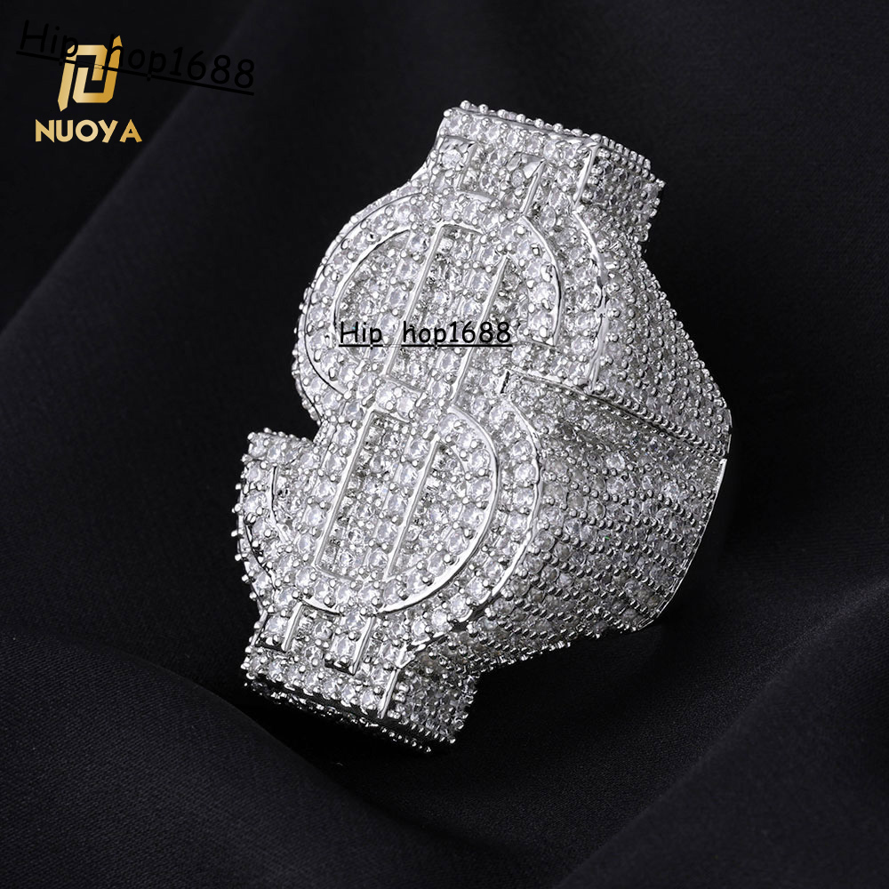 NUOYA Womens Trendy Fine Silver Plated Dollar Sign Ring Full Pave Iced Out Diamond Ring Hip Hop Party Jewelry