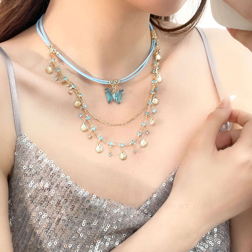 Taro Purple Butterfly Shell Necklace 2024 New Multi-layer Stacked Collarbone Chain Elegant Exquisite Fashion Accessory for Women 69b