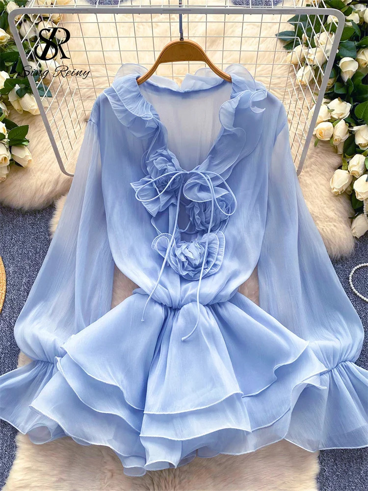 SINGREINY 3D Floral Beach Short Dress Female Long Sleeves Lace Up Ruffle Chiffon Cake Sundress Sheer Sexy Vintage Bohemian Dress 250730