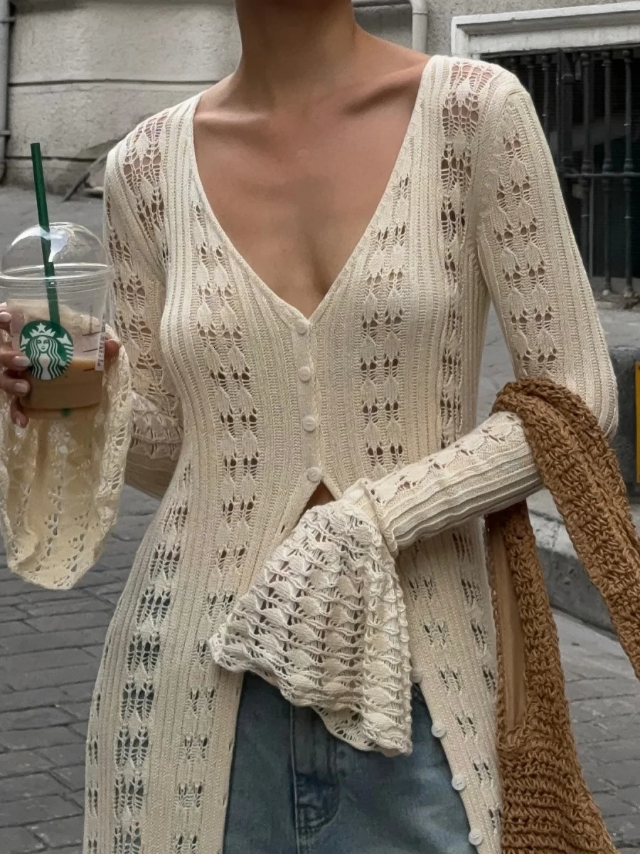 Puloru Hollowed Crochet Knit Long Cardigans for Women Ladies Autumn Chic Flare Sleeves V Neck Buttons Outwear Streetwear 250730