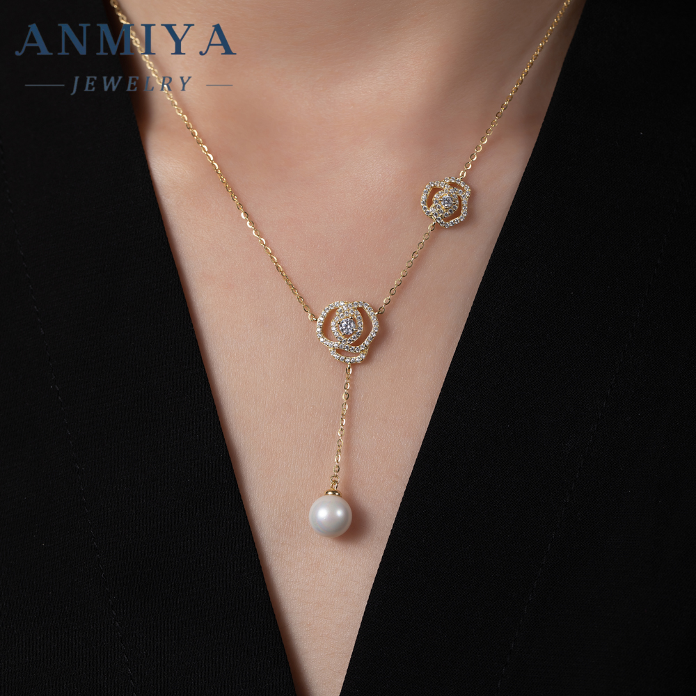 Custom 18K Gold Plated Minimalist New Design Rose Flower Pendant Charm 925 Silver Cute Zircon Pearl Necklace Wedding Gift