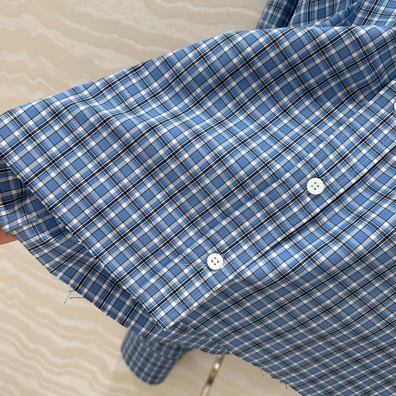 Lady Blue Plaid Cotton Shirt Fashion Single Breasted Lapel Neck Short Loose Blouses Luxury Designer Clothes S0772