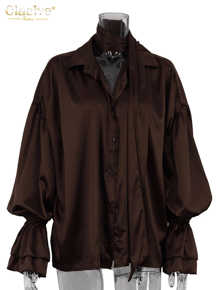 Clacive Fashion Loose Brown Satin Womens Shirt 2025 Elegant Lapel Long Sleeve Shirts Casual Classic Blusas Top Female Clothing 250724