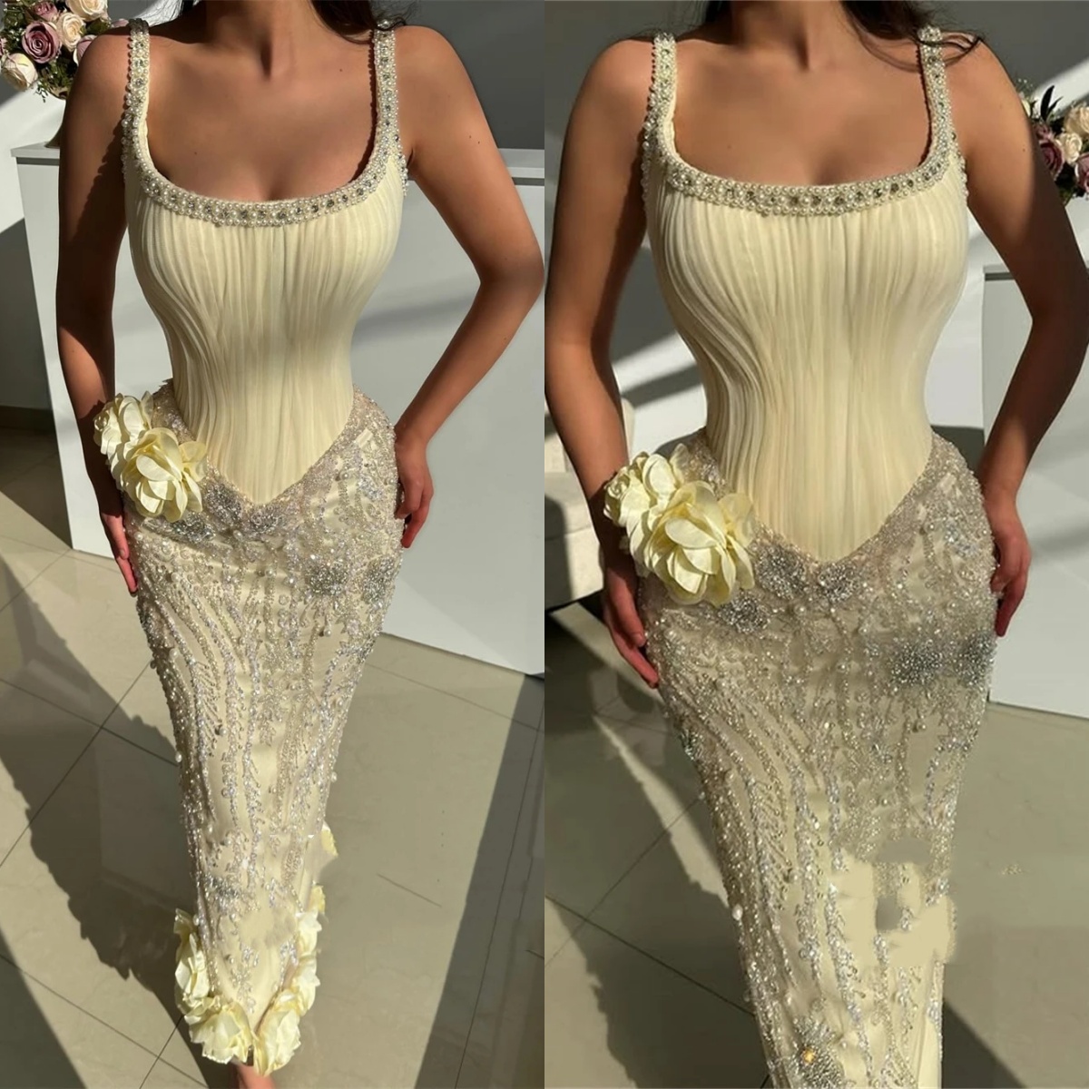 Fashion Evening Dresses For Women Jewel Neck Sleeveless Gown 3D Floral Appliques Sequins Pearls Floor Length Dress Party Customized Dress