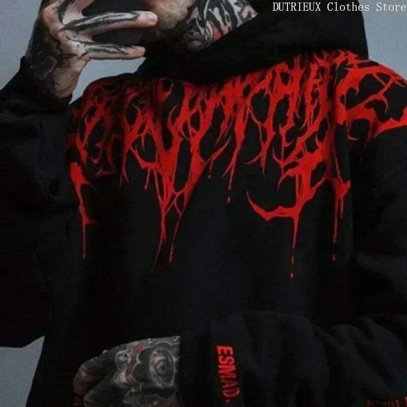 Autumn/Winter Men's Fleece Evil Blood Super Size Casual Hoodie Street Hip-hop Personality Printed SportsHoodie Sweatshirt