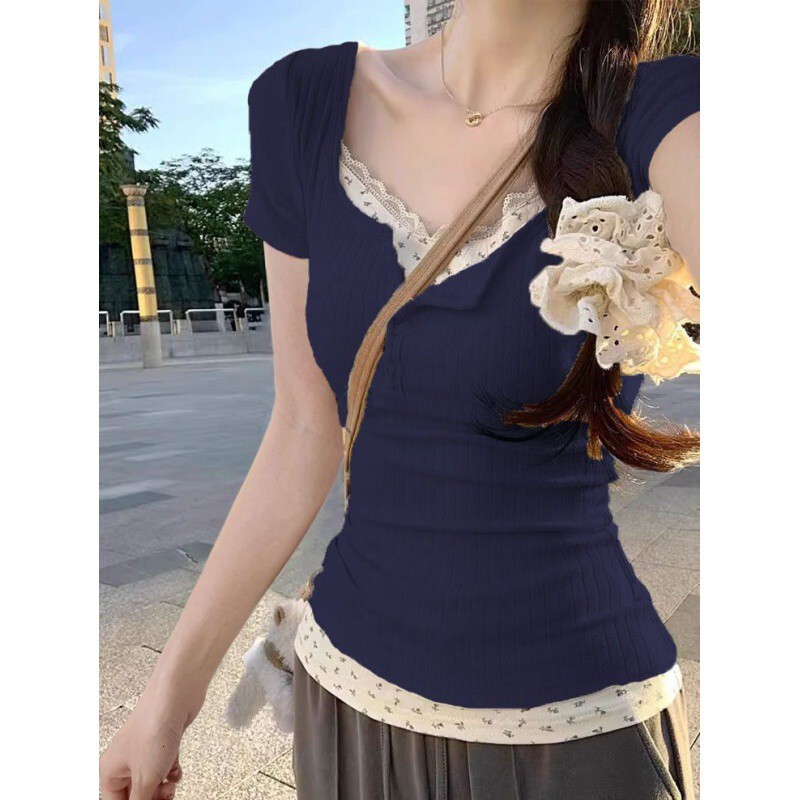 2025 lace trimmed spring and summer vacation two-piece pure desire spicy girl regular shoulder top fashionable new designer T-shirt