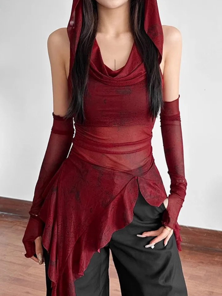 Red Mesh See Through Top Streetwear Hooded Tshirt Irregular Ruffle Oversleeve Tops for Women Sexy Y2k Clothing 250729