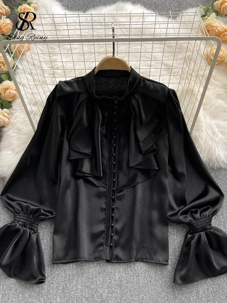 SINGREINY High Quality Satin Loose Shirt Long Flared Sleeves Ruffles O Neck Beading Women Gentle Office Lady Casual Blouse 250724
