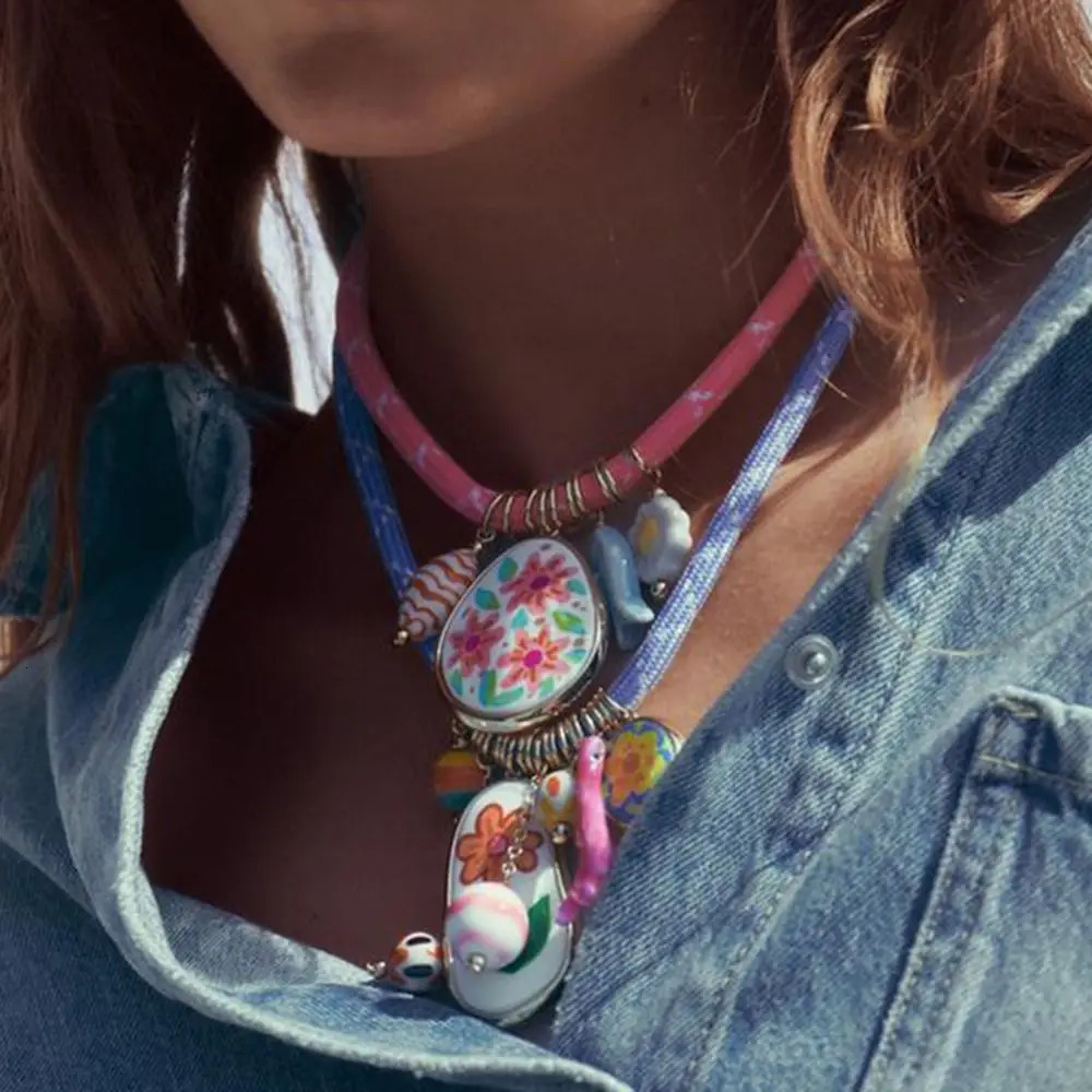 Ethnic Style Resin Flower Pendant Necklace Set Hip Hop Nylon Rope Necklace Cuba Chain Jewelry Accessories 250729