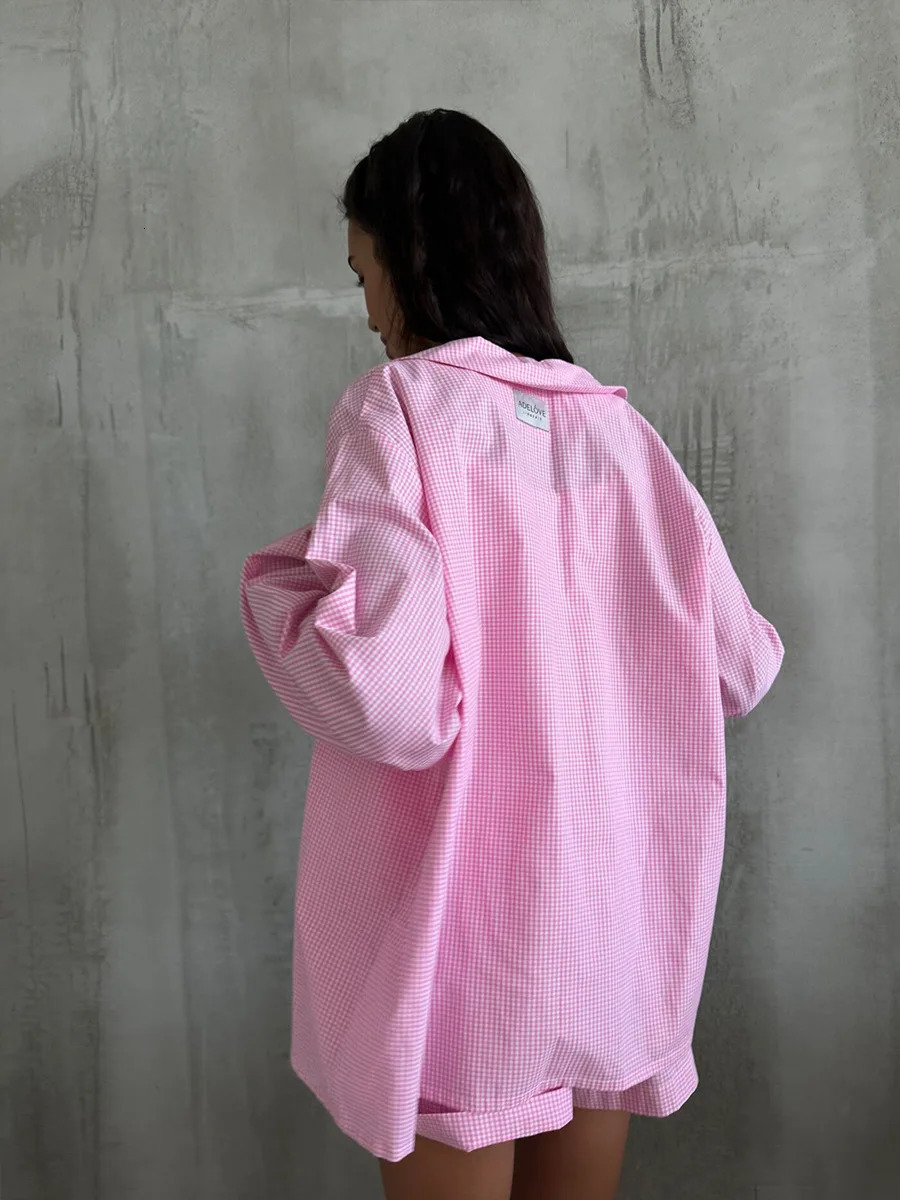 Muzuleva 100% Cotton Pink Patchwork Checkered Pajama Set Spring Long Sleeved Shorts Pajamas Womens Casual Home Clothes 250730