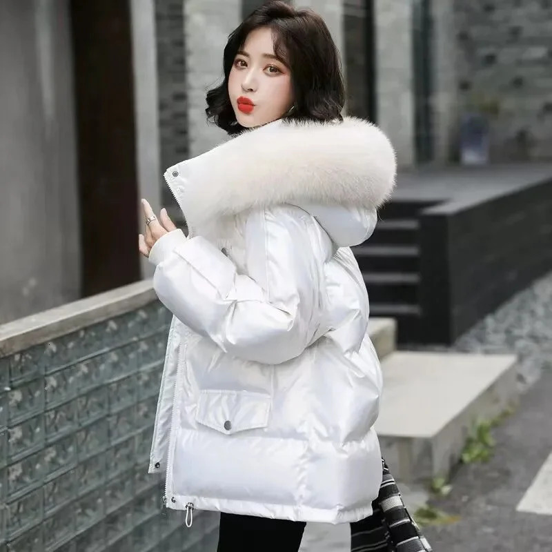 Winter Fashion Warm Duck Down Jacket Womens Clothing Glossy Fur Collar Thick Parka Short Down Coat Female Trend 250725