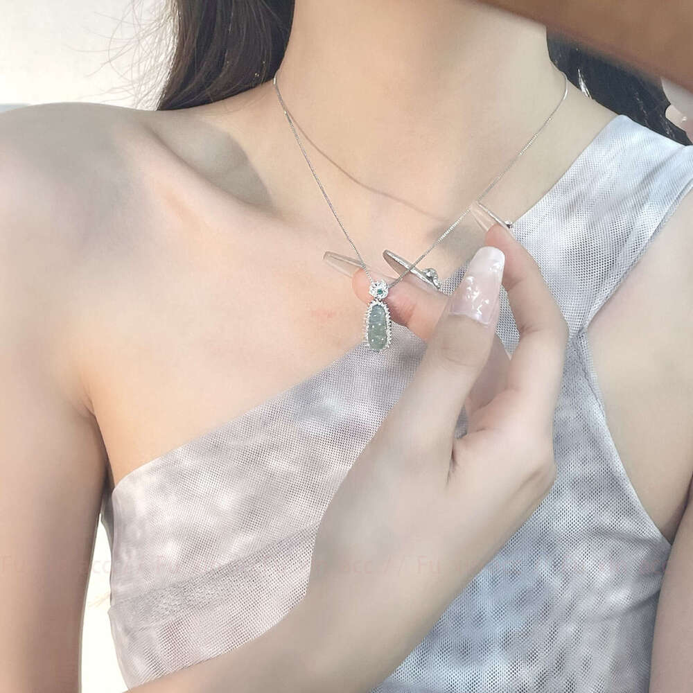 New Chinese Style Blue Water Jade Four Seasons Bean Pendant Necklace Light Niche Design Exquisite Cool Versatile Collarbone Chain bff