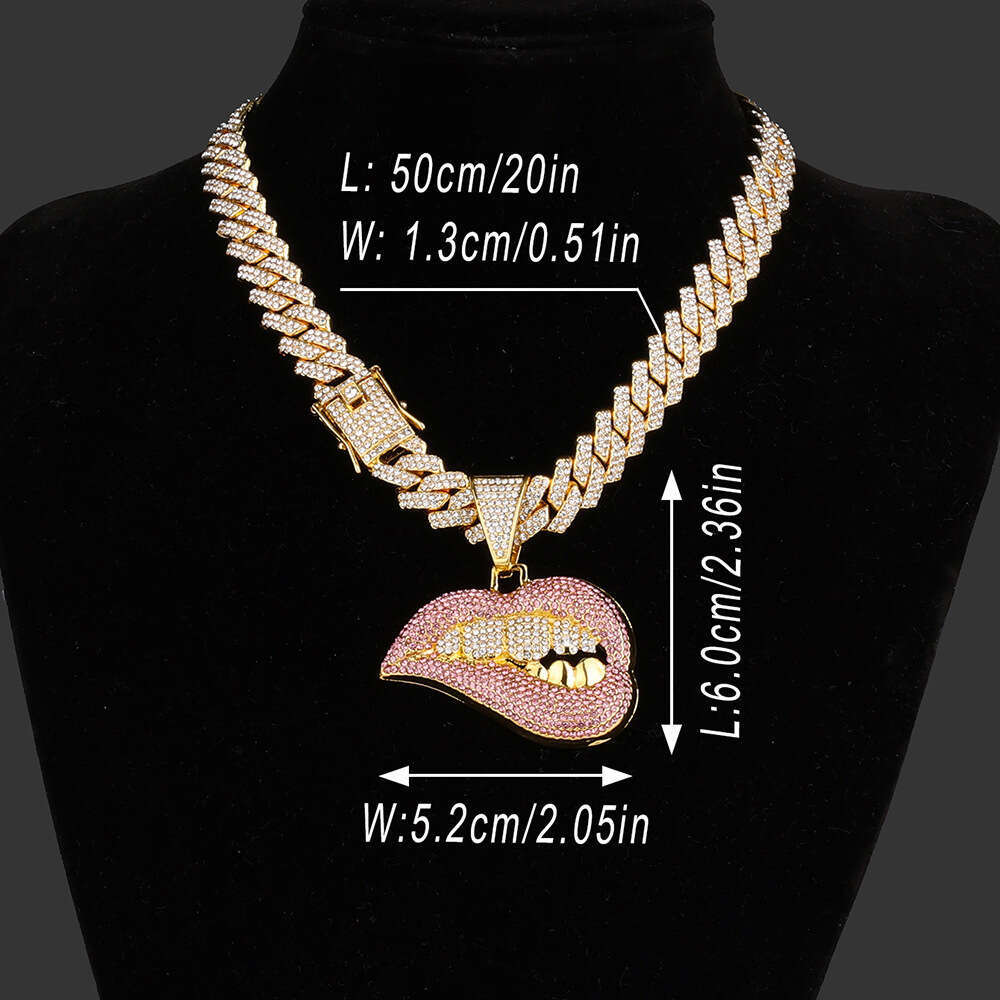 Hot Selling Full Dia Multi-color Lip-biting Pendant Hip-hop Exaggerated Personality Creative Cuban Chain Necklace