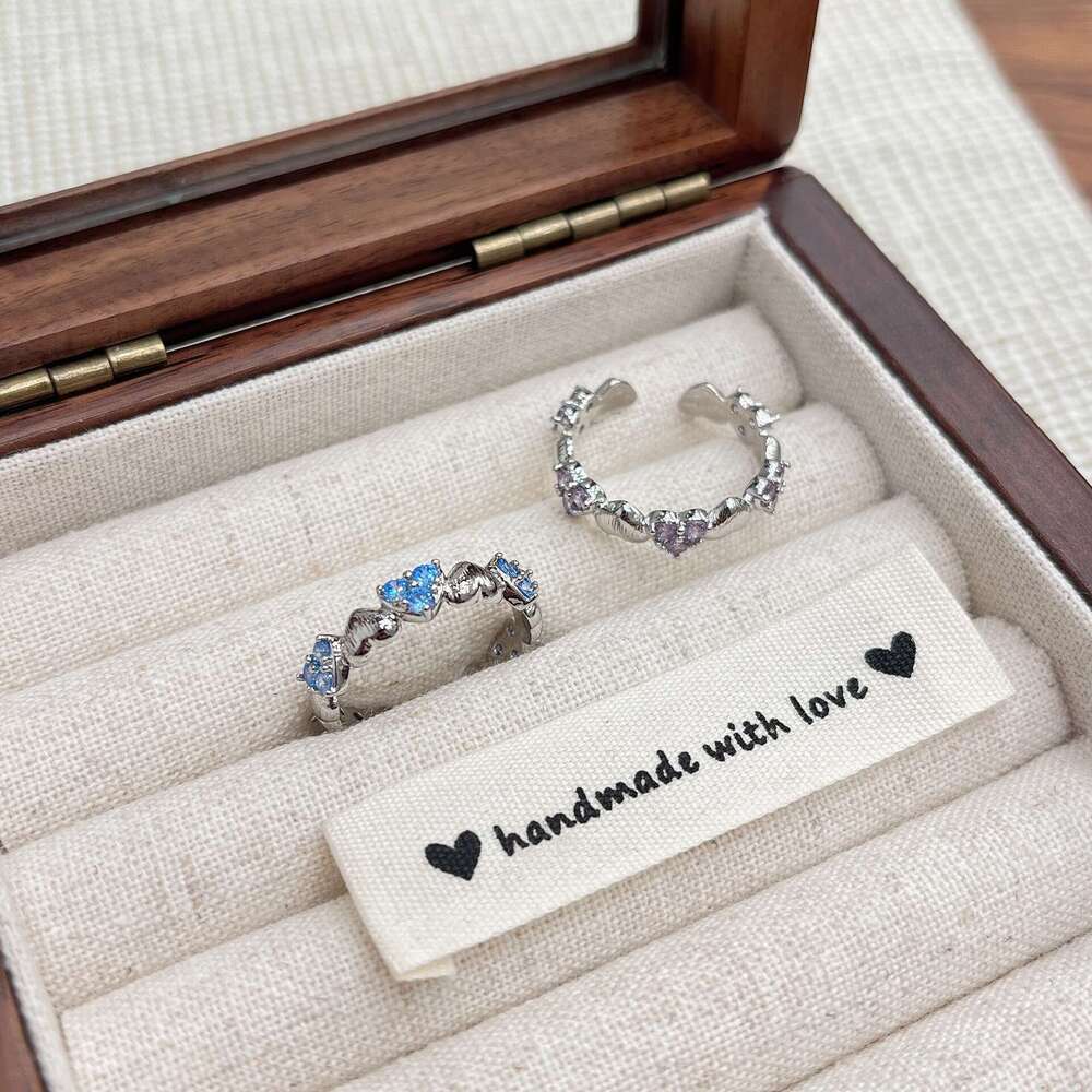 TikTok Korean Style Niche Heart-shaped Sea Blue Purple Diamond Ring with Fresh and Simple Design 684