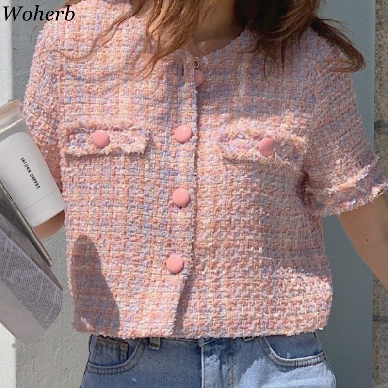 Summer Korean Casual Tweed Jackets Women Short Sleeve Elegant Coats Office Lady Outerwear Crop Top Femme 250729