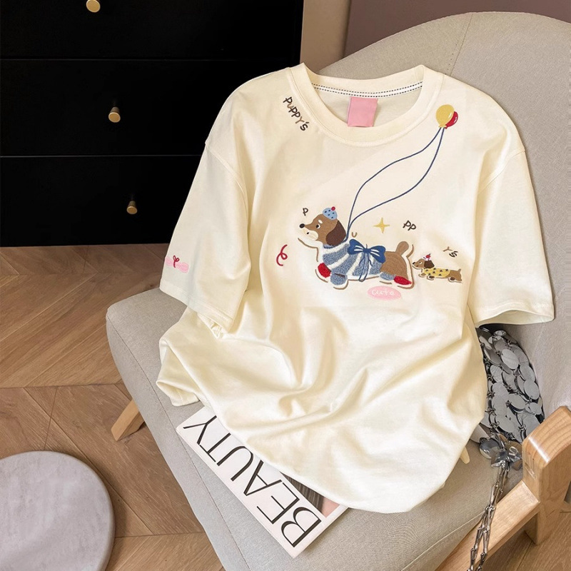 2025 American High Street Towel Embroidered Dog Cotton Short Sleeve T-shirt Summer New Loose Niche Short Sleeve Top New Designer T-shirt