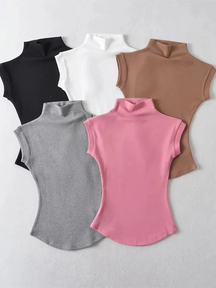 Women Summer Sexy Turtleneck Sleeveless TShirts Tops Solid Slim Fit Pullovers Causal Tees Shirts Female Streetwear Basics Tees 250724