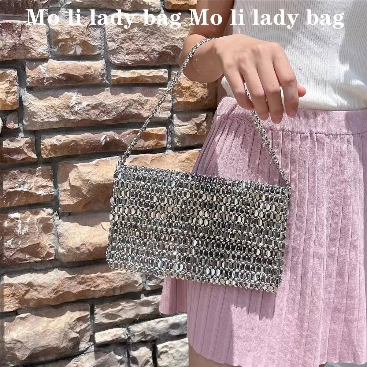 Glitter Shiny Sier Beads Beading Woven Handmade Square Hollow Out Women Fashion Handbag Shoulder Female Casual Bag