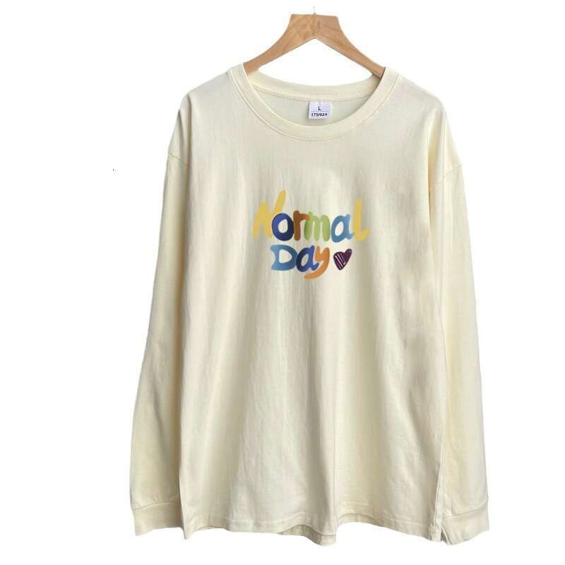 American Text Printed T-Shirt Women Round Neck Loose Cotton Long Sleeve Top 240G B5