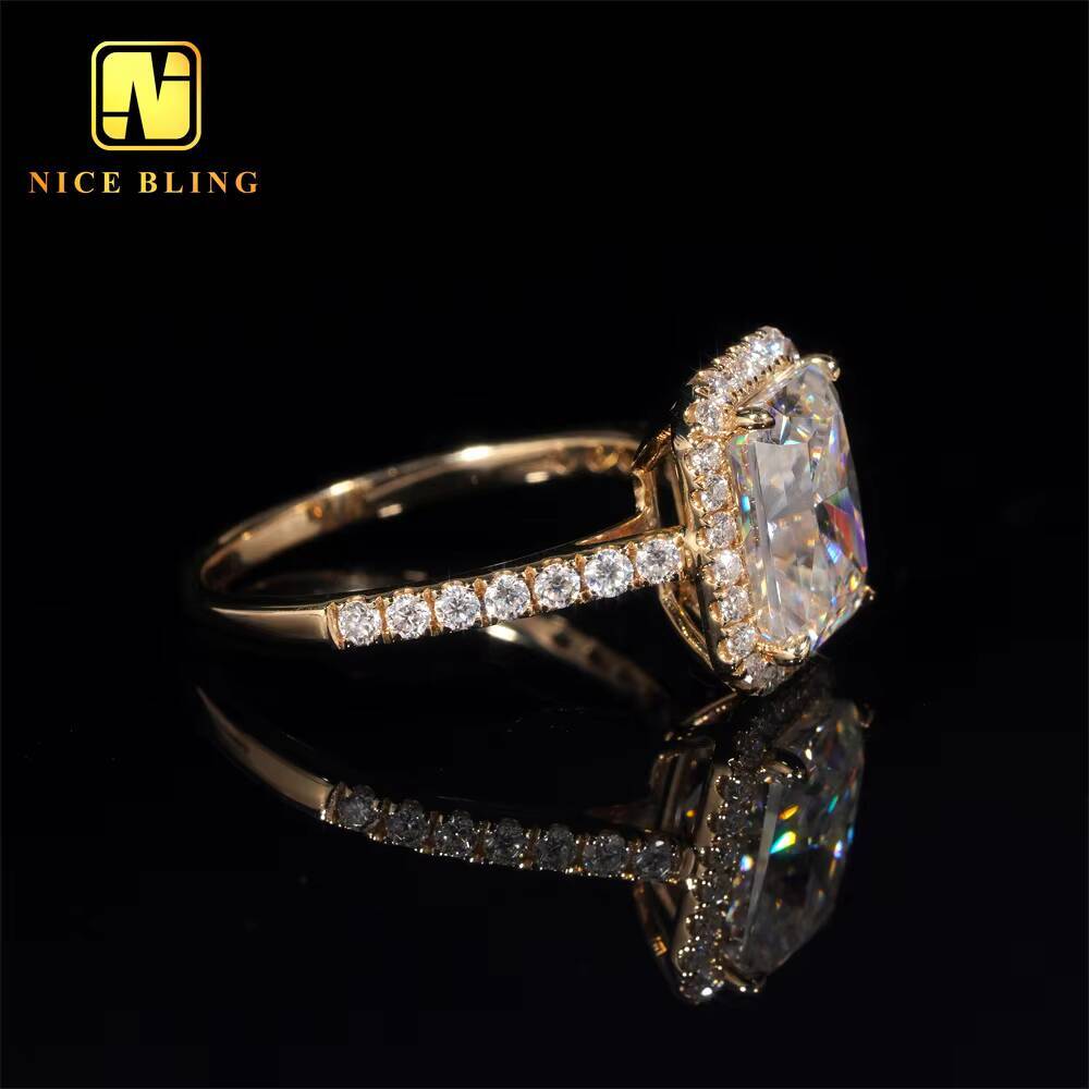 14K Solid Yellow Gold Diamonds Cluster Radiant Cut Design VVS Moissanite Diamond Engagement Wedding Ring