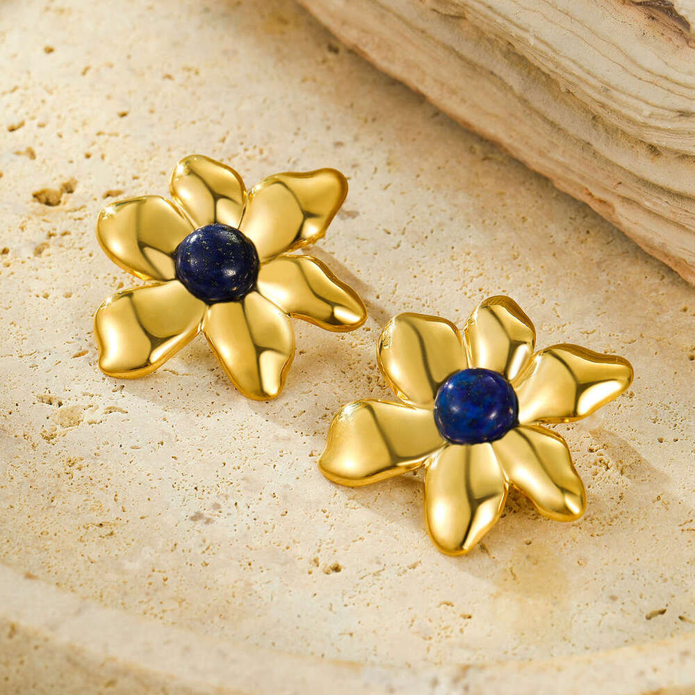 Hot-Selling Style Hexagonal Lace Titanium Steel Earrings with Cat's Eye Stone Niche Exquisite Exaggerated Ear Jewelry