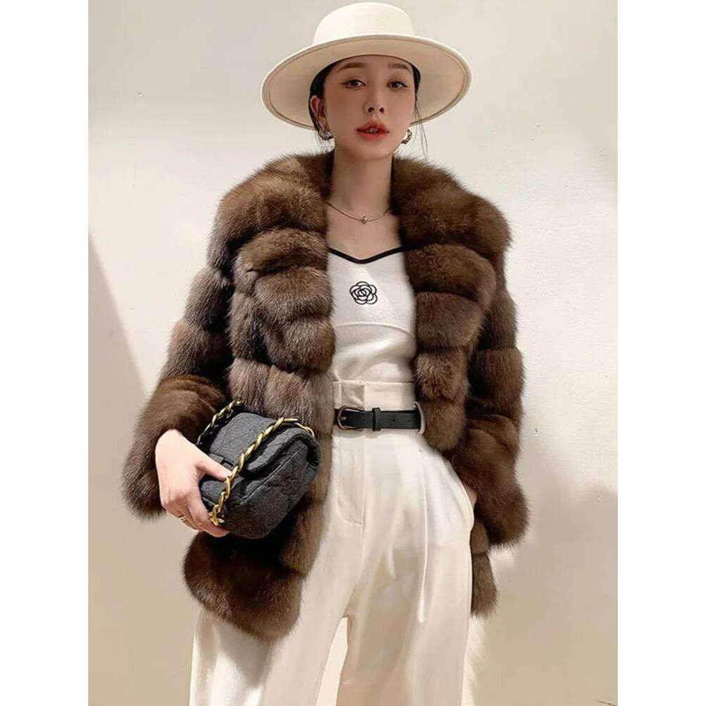 ZADORIN Designer Mink Autumn Winter Lapel Furry Brown Coat Woman Clothes Chic Elegant Faux Fur Jacket