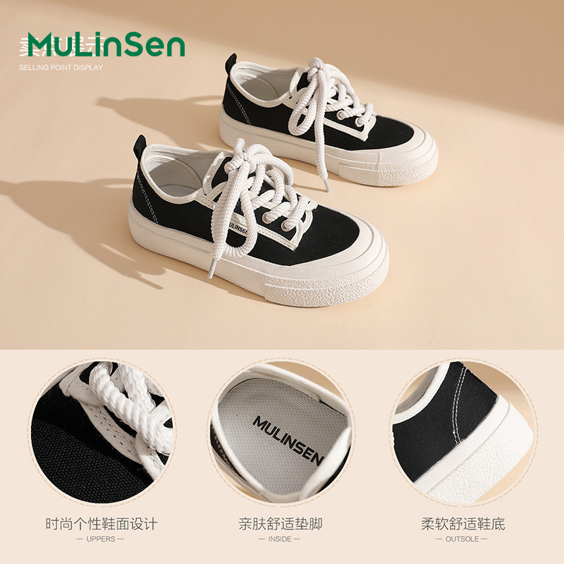 Mulinsen canvas shoes women's 2025 new spring and summer thick-soled black sneakers breathable sports casual big-toed shoes