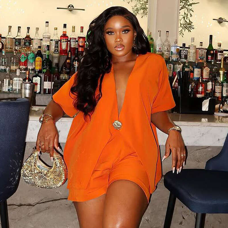 Fashion Solid Color Short Sleeve Suit For Women Summer High Waist Shorts Two-Piece Commuter Outfit B5