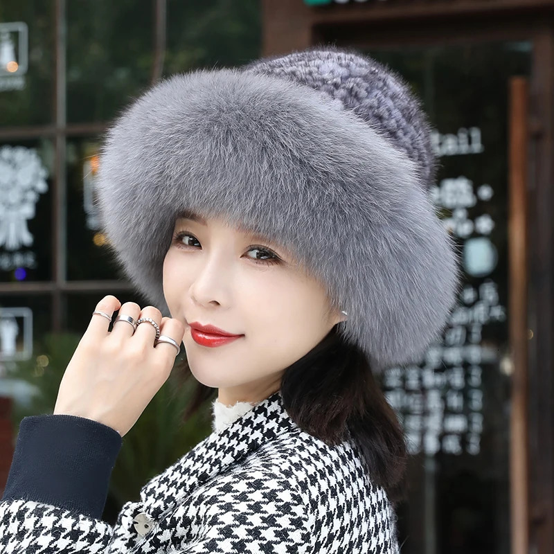 Fur Hat Winter for Womens Cap Natural Mink Fur with Fox Fur Beanies Russian Sun Knitting Bucket Hat Fashion Bonnets 250724